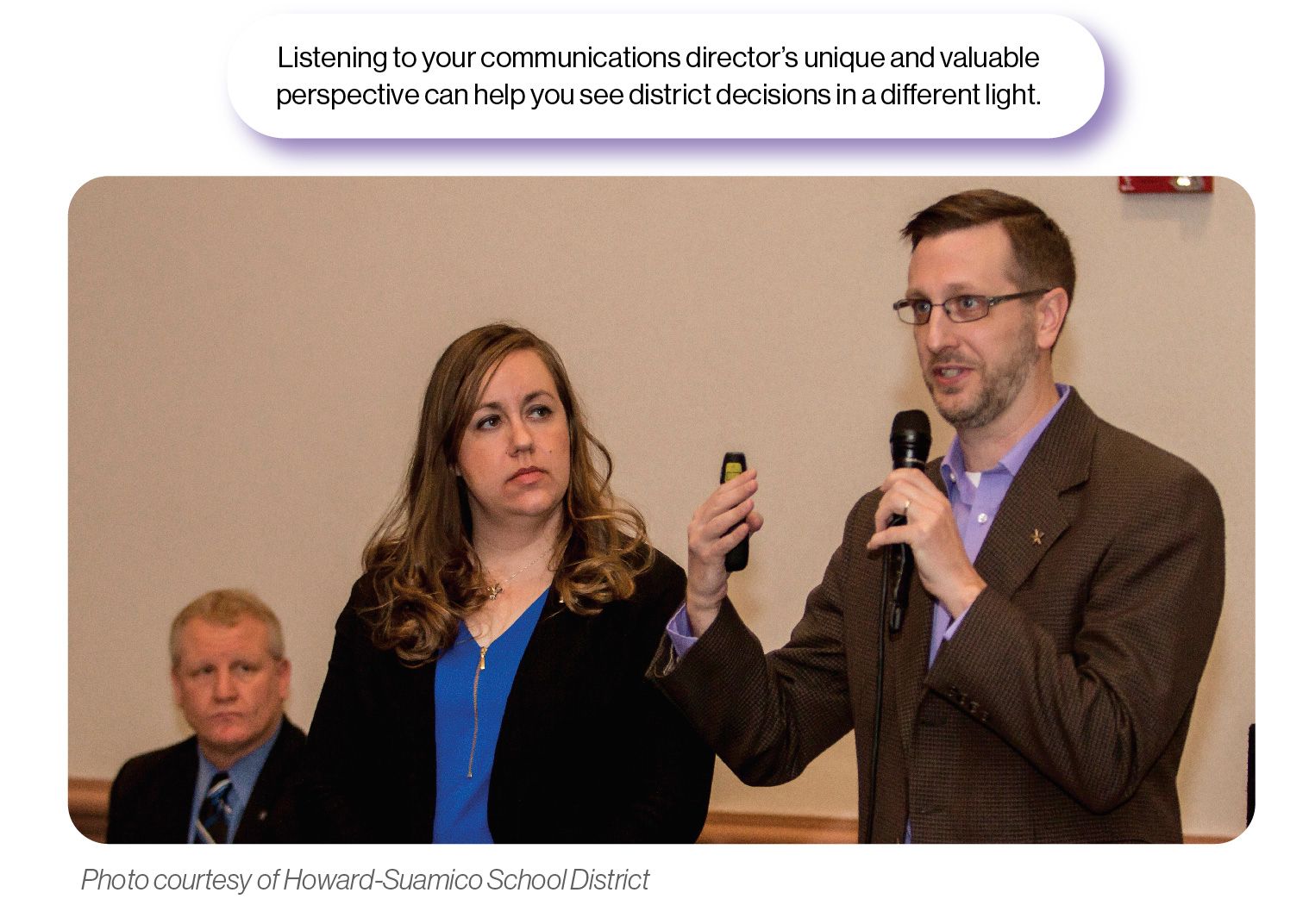 Image: Brian Nicol, Howard-Suamico School District's Director of Communications, presenting at a meeting with the SchoolCEO caption 'Listening to your communications director's unique and valuable perspective can help you see district decisions in a different light.'