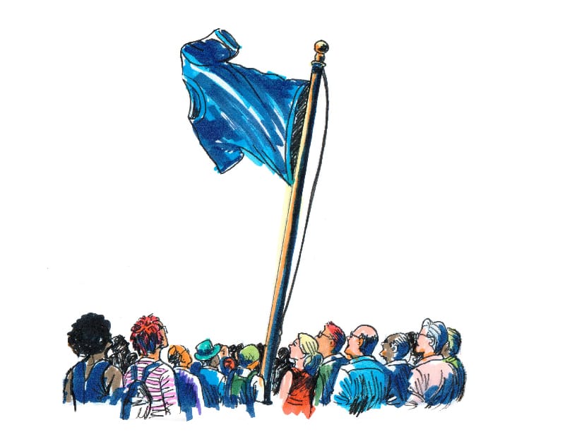 An illustration of people standing around a flagpole with a blue shirt waving at the top