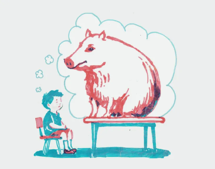 A child thinking about a hog that is in the way of his learning