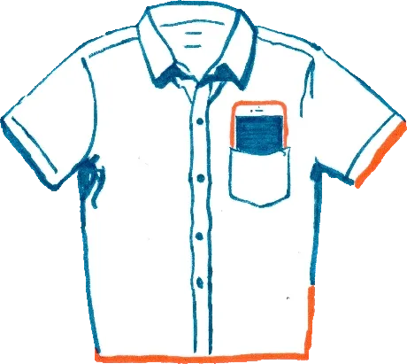 A short-sleeved buttonup shirt with a smartphone in the breast pocket