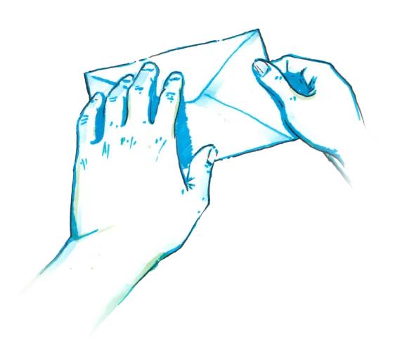 An illustration of a set of hands opening an envelope